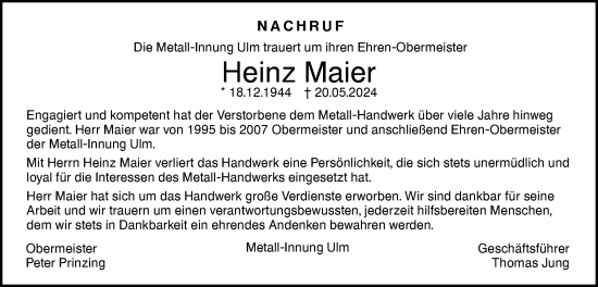 Traueranzeige von Heinz Maier von SÜDWEST PRESSE Ausgabe Ulm/Neu-Ulm