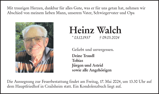 Traueranzeige von Heinz Walch von Hohenloher Tagblatt