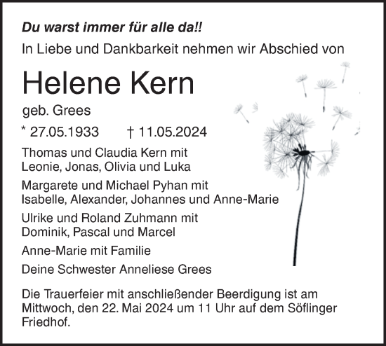 Traueranzeige von Helene Kern von SÜDWEST PRESSE Ausgabe Ulm/Neu-Ulm