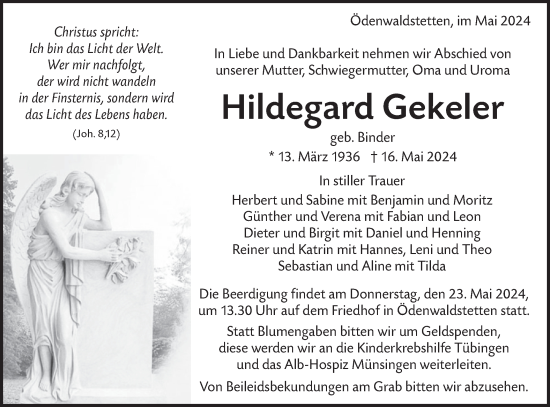 Traueranzeige von Hildegard Gekeler von Alb-Bote/Metzinger-Uracher Volksblatt