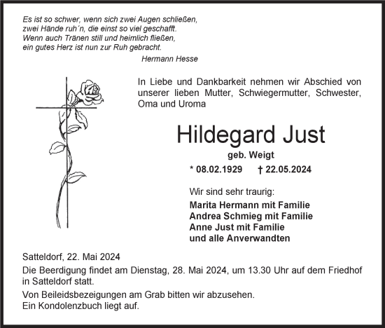 Traueranzeige von Hildegard Just von Hohenloher Tagblatt