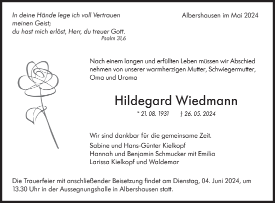 Traueranzeige von Hildegard Wiedmann von NWZ Neue Württembergische Zeitung