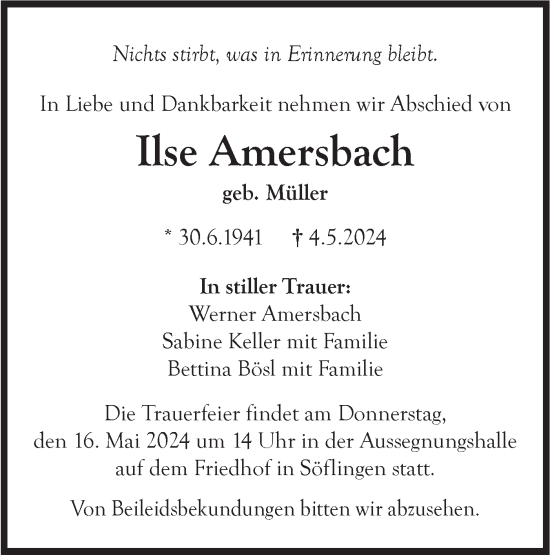 Traueranzeige von Ilse Amersbach von SÜDWEST PRESSE Ausgabe Ulm/Neu-Ulm