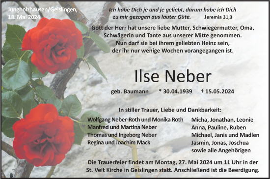 Traueranzeige von Ilse Neber von Haller Tagblatt