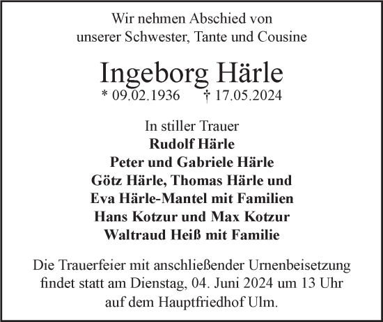 Traueranzeige von Ingeborg Härle von SÜDWEST PRESSE Ausgabe Ulm/Neu-Ulm