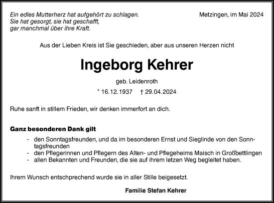 Traueranzeige von Ingeborg Kehrer von Alb-Bote/Metzinger-Uracher Volksblatt