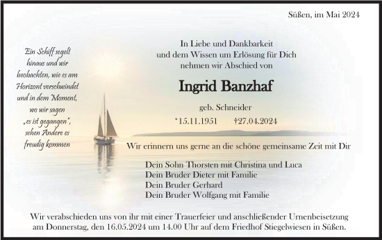 Traueranzeige von Ingrid Banzhaf von NWZ Neue Württembergische Zeitung