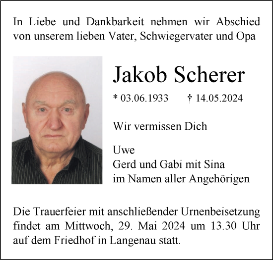 Traueranzeige von Jakob Scherer von SÜDWEST PRESSE Ausgabe Ulm/Neu-Ulm