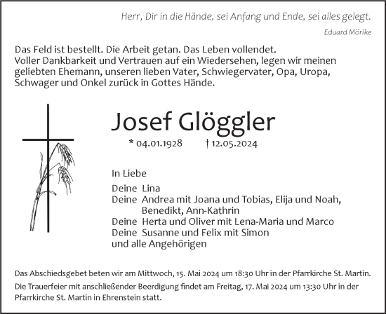 Traueranzeige von Josef Glöggler von SÜDWEST PRESSE Ausgabe Ulm/Neu-Ulm