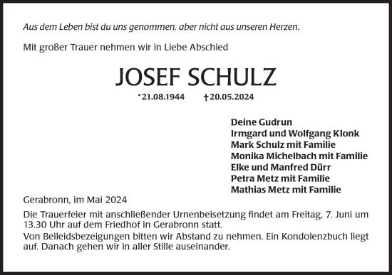 Traueranzeige von Josef Schulz von Hohenloher Tagblatt