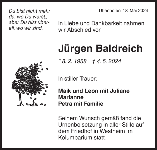 Traueranzeige von Jürgen Baldreich von Haller Tagblatt