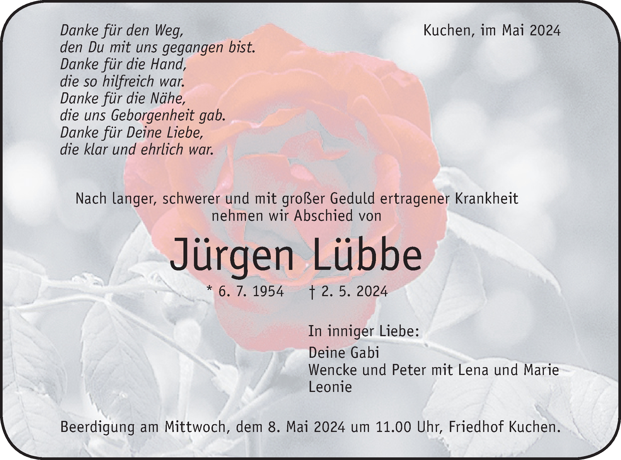  Traueranzeige für Jürgen Lübbe vom 04.05.2024 aus Geislinger Zeitung