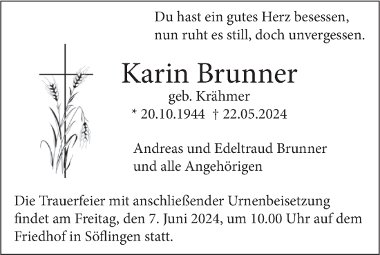 Traueranzeige von Karin Brunner von SÜDWEST PRESSE Ausgabe Ulm/Neu-Ulm
