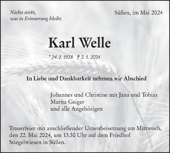 Traueranzeige von Karl Welle von NWZ Neue Württembergische Zeitung