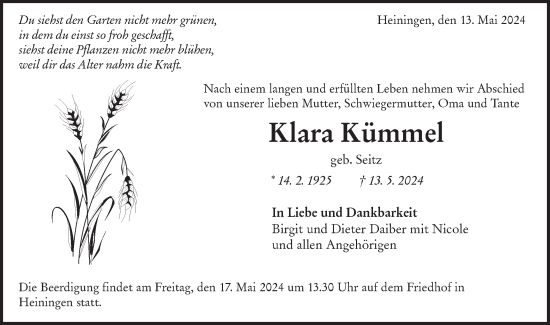 Traueranzeige von Klara Kümmel von NWZ Neue Württembergische Zeitung