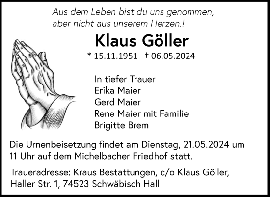 Traueranzeige von Klaus Göller von Haller Tagblatt