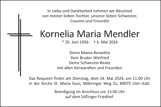 Traueranzeige von Kornelia Maria Mendler von SÜDWEST PRESSE Ausgabe Ulm/Neu-Ulm