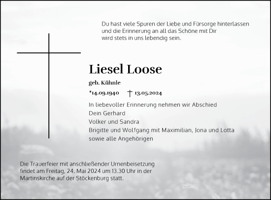 Traueranzeige von Liesel Loose von Haller Tagblatt