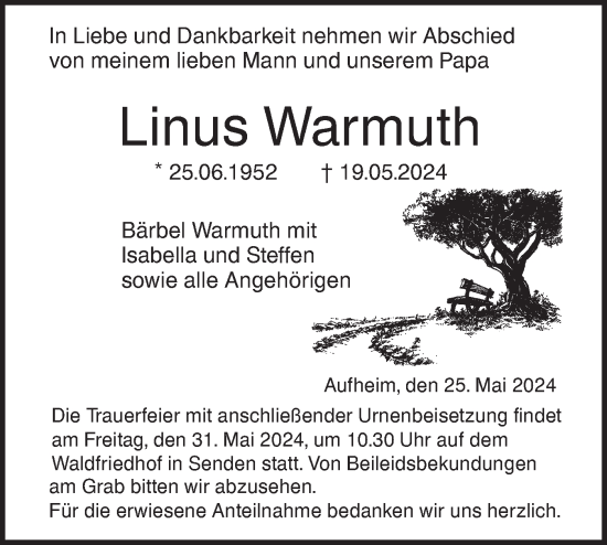 Traueranzeige von Linus Warmuth von SÜDWEST PRESSE Ausgabe Ulm/Neu-Ulm