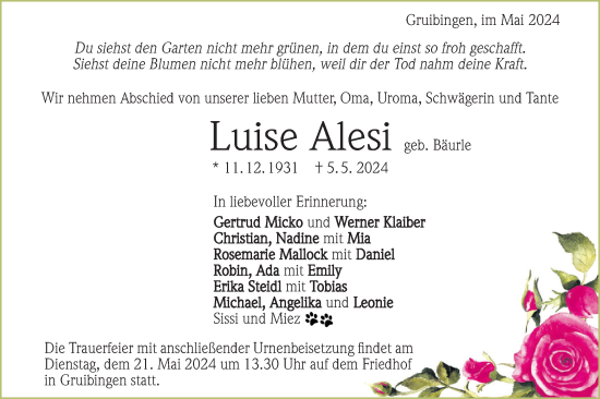 Traueranzeige von Luise Alesi von NWZ Neue Württembergische Zeitung