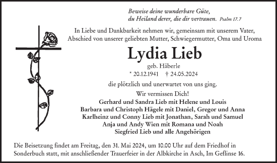 Traueranzeige von Lydia Lieb von SÜDWEST PRESSE Ausgabe Ulm/Neu-Ulm