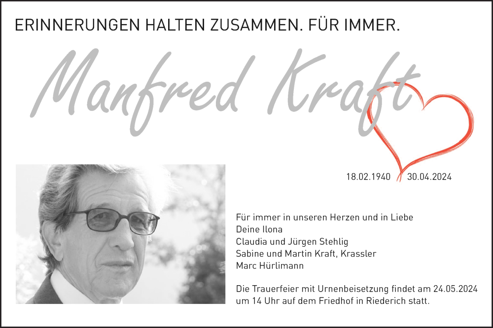  Traueranzeige für Manfred Kraft vom 08.05.2024 aus Alb-Bote/Metzinger-Uracher Volksblatt