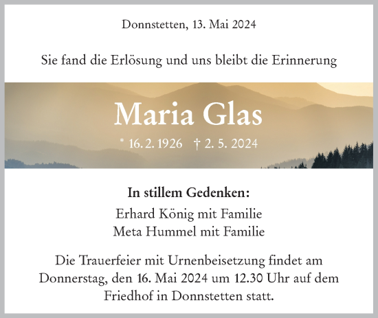 Traueranzeige von Maria Glas von Alb-Bote/Metzinger-Uracher Volksblatt