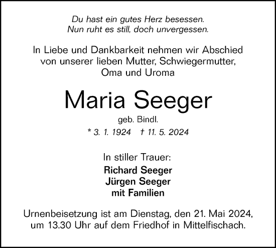 Traueranzeige von Maria Seeger von Haller Tagblatt