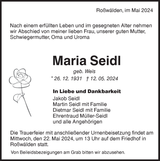 Traueranzeige von Maria Seidl von NWZ Neue Württembergische Zeitung