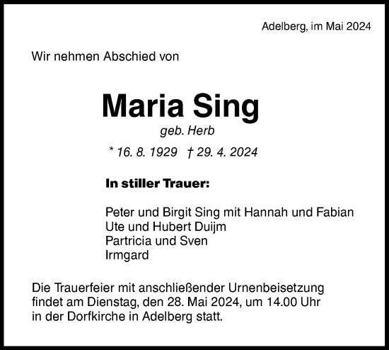 Traueranzeige von Maria Sing von NWZ Neue Württembergische Zeitung