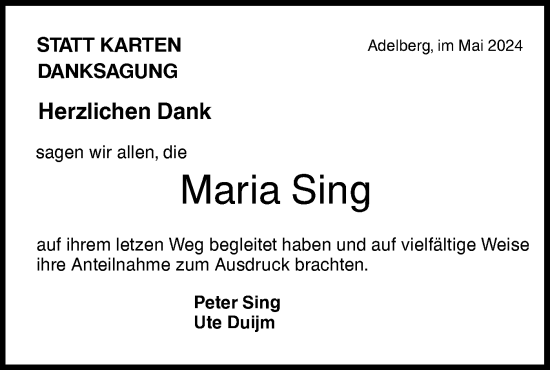 Traueranzeige von Maria Sing von NWZ Neue Württembergische Zeitung