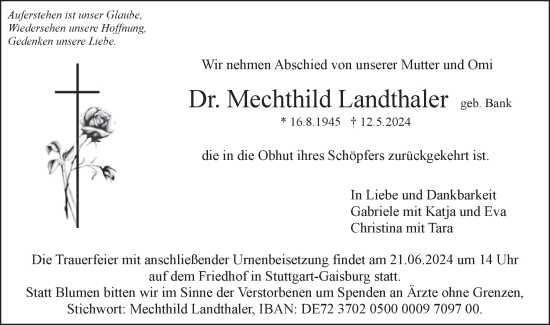 Traueranzeige von Mechthild Landthaler von SÜDWEST PRESSE Ausgabe Ulm/Neu-Ulm