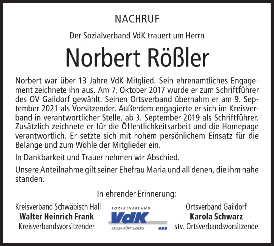 Traueranzeige von Norbert Rößler von Rundschau Gaildorf