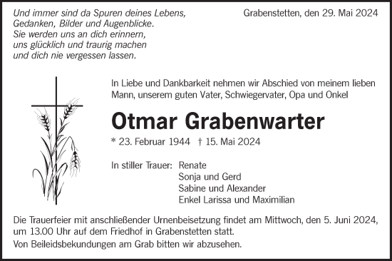 Traueranzeige von Otmar Grabenwarter von Alb-Bote/Metzinger-Uracher Volksblatt