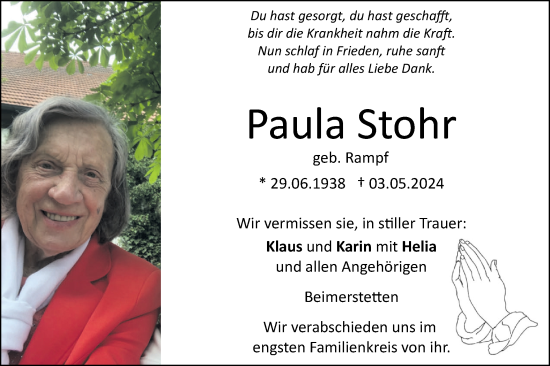 Traueranzeige von Paula Stohr von SÜDWEST PRESSE Ausgabe Ulm/Neu-Ulm