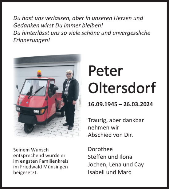 Traueranzeige von Peter Oltersdorf von Alb-Bote/Metzinger-Uracher Volksblatt