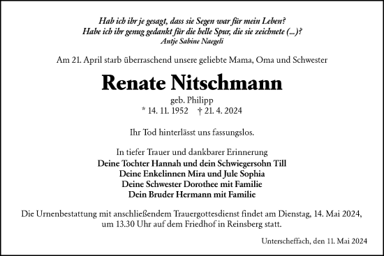 Traueranzeige von Renate Nitschmann von Haller Tagblatt