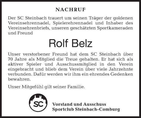 Traueranzeige von Rolf Belz von Haller Tagblatt