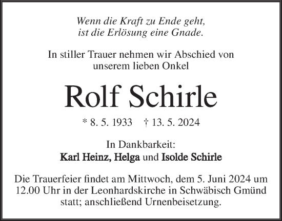 Traueranzeige von Rolf Schirle von Geislinger Zeitung