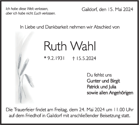Traueranzeige von Ruth Wahl von Rundschau Gaildorf