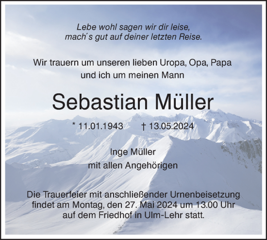 Traueranzeige von Sebastian Müller von SÜDWEST PRESSE Ausgabe Ulm/Neu-Ulm