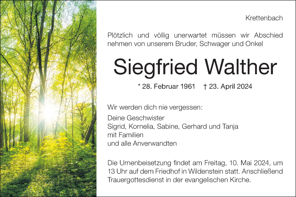  Traueranzeige für Siegfried Walther vom 07.05.2024 aus Hohenloher Tagblatt