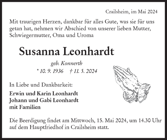 Traueranzeige von Susanna Leonhardt von Hohenloher Tagblatt