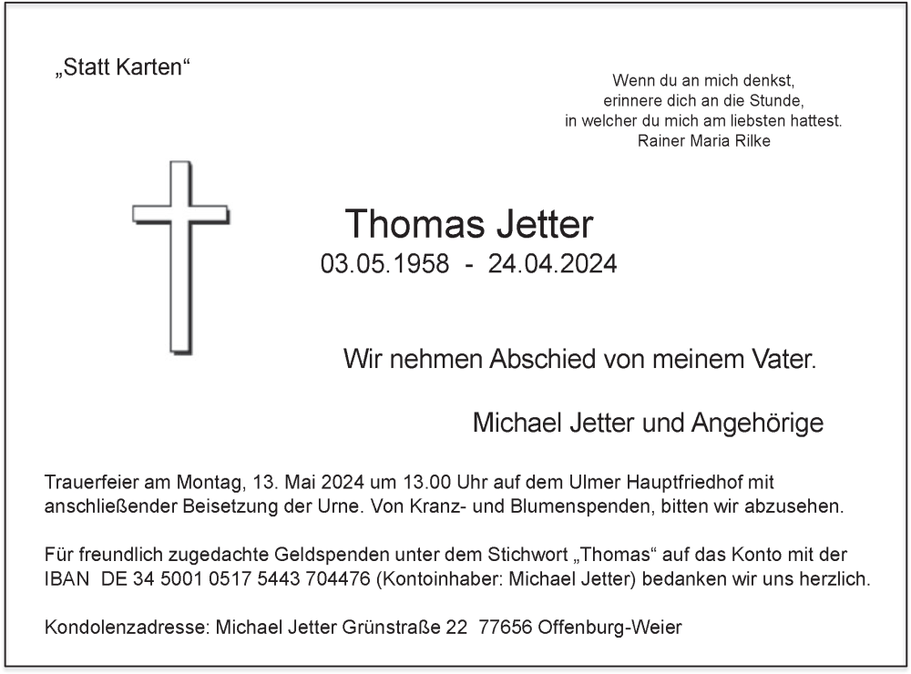  Traueranzeige für Thomas Jetter vom 08.05.2024 aus SÜDWEST PRESSE Ausgabe Ulm/Neu-Ulm
