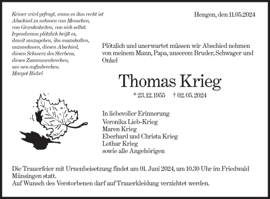 Traueranzeige von Thomas Krieg von Alb-Bote/Metzinger-Uracher Volksblatt
