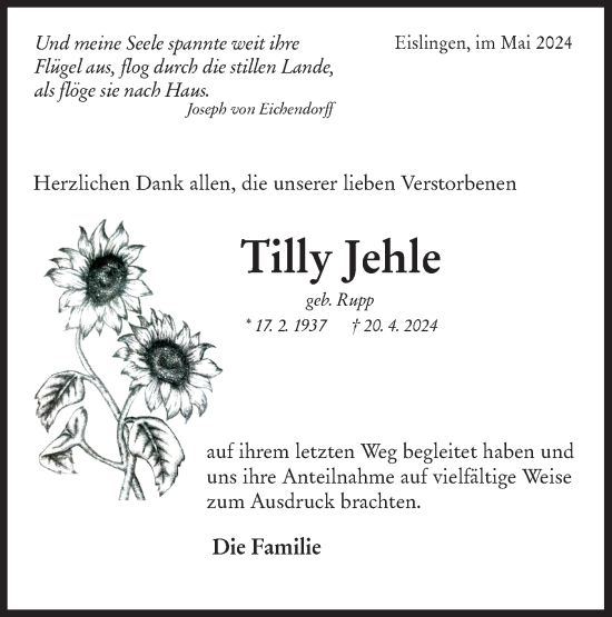 Traueranzeige von Tilly Jehle von NWZ Neue Württembergische Zeitung
