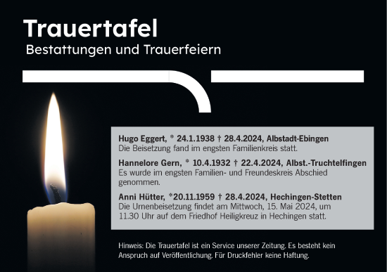 Traueranzeige von Totentafel vom 11.05.2024 von SÜDWEST PRESSE Zollernalbkreis/Hohenzollerische Zeitung