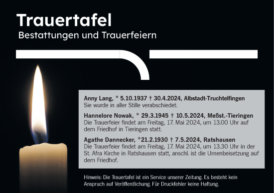 Traueranzeige von Trauertafel vom 15.05.2024 von SÜDWEST PRESSE Zollernalbkreis/Hohenzollerische Zeitung