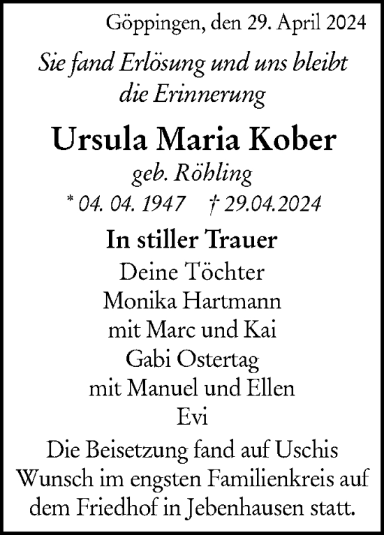 Traueranzeige von Ursula Maria Kober von NWZ Neue Württembergische Zeitung