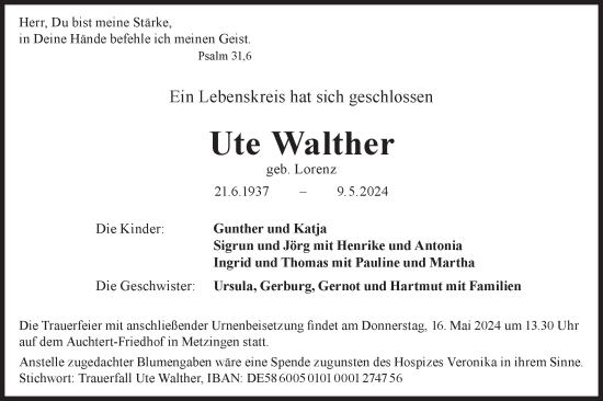 Traueranzeige von Ute Walther von Alb-Bote/Metzinger-Uracher Volksblatt